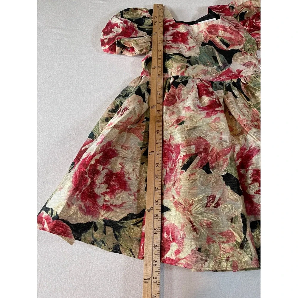 Rare Editions Girls Red Gold Floral Brocade Puff Sleeve Party Dress 6X New